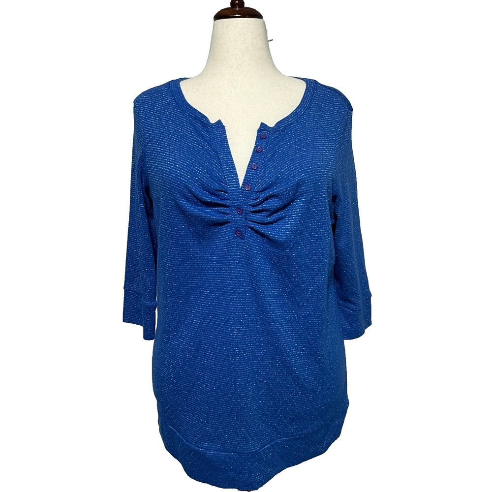 Torrid Top Womens 3X Blue Metallic Striped Henley Stretchy‎ Split V Neck Party